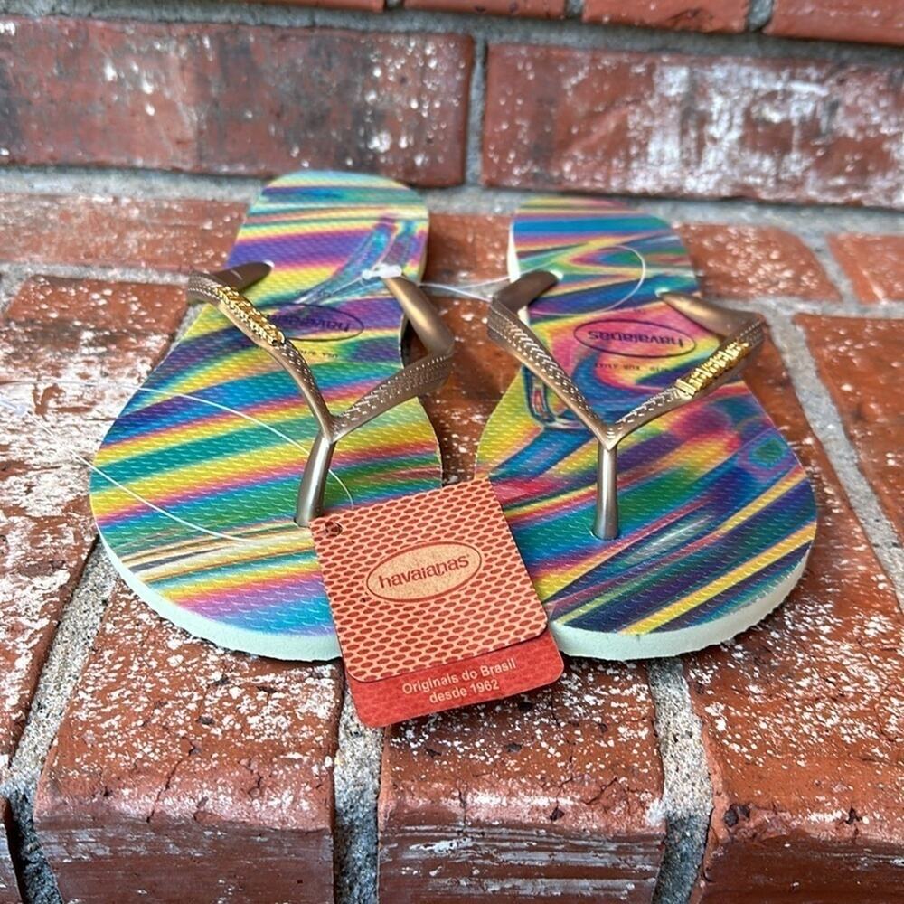 NWT Havaianas Slim Iridescent Flip Flop Sandals Lime Green Women’s Size 9/10 New - Picture 2 of 7